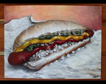 The Big Dog, Hot Dog, Original Painting, Food, Foodie, Cooking, Kitchen, Gourmet, Yummy, Still Life, Meat, Restaurant,Eat