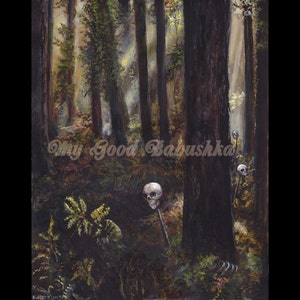 May include: A painting of a dark forest with tall trees and a skull on a stick. The skull is white and has a dark eye socket. The forest is dark and mysterious, with a light shining through the trees.