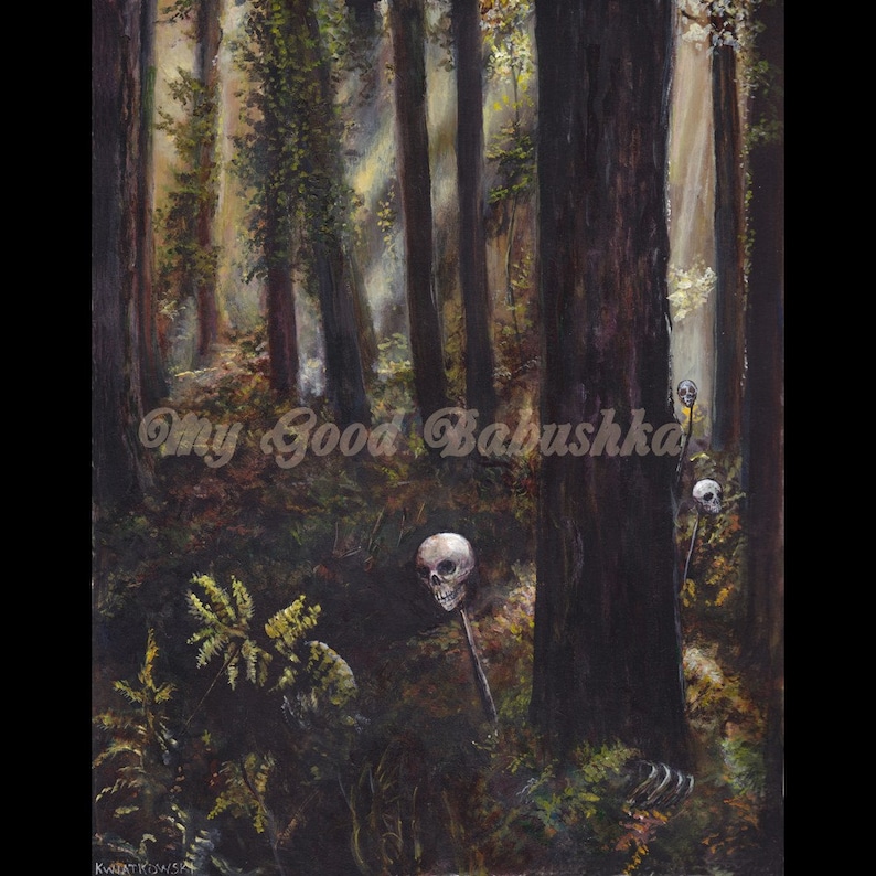 May include: A painting of a dark forest with tall trees and a skull on a stick. The skull is white and has a dark eye socket. The forest is dark and mysterious, with a light shining through the trees.