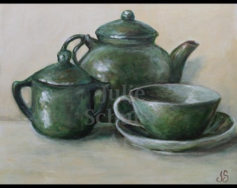 The Tea Set, Instant Art, Download, Printable Art, Digital, Ceramics, Still Life, Wall Art, Green, Teapot, Cup, Saucer, DIY