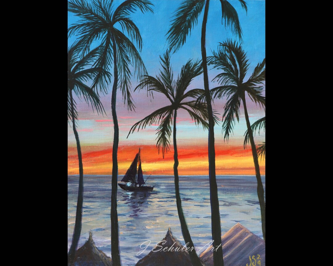 Tropical Sunset Seascape: Acrylic Palm Tree Painting (9" X 12") - Etsy