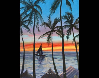 Tropical Silhouettes at Sunset, 9" x 12" Acrylic on Canvas Board, Beach, Caribbean, Ocean, Seascape, Palm Trees, Boat, Aruba, Summer