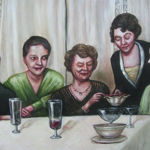 Ladies At Supper, Original Painting, 1930's, Women, Friendship, Dinner Party, Portrait of Women, Group Portrait, Nostalgia, Lace Curtains image 3