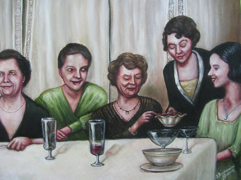 Ladies At Supper, Original Painting, 1930's, Women, Friendship, Dinner Party, Portrait of Women, Group Portrait, Nostalgia, Lace Curtains image 3