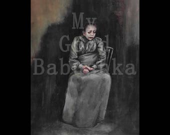 Portrait of a Woman in a Gray Dress. Original Painting, Small Painting, Acrylic on Paper, Sitting Woman