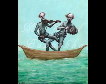 The Seasick Minstrels, Original Painting, Boat, Ocean, Music, Musicians, Violin, Accordion, Sea, Surreal, Fairytale, Folktale, Nautical