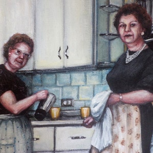 The Freshest Coffee is Always in the Kitchen, Original Painting, Women, Vintage Kitchen, Nostalgia, Aprons, Coffee Pot, Retro, Domestic Life image 1