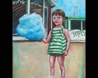 Cotton Candy Carnival Original Painting, 1960's, Boardwalk, Summer, Cat's Eye Glasses, Beach Art, Stripes, Green, Little Girl, Retro