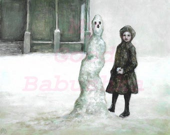 The Skinny Snowman Print, Winter, Gray, Child, Playing, Snowball,  Surrealism, White