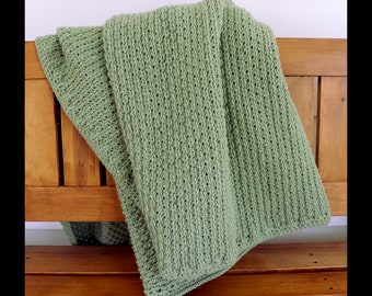 Crocheted Blanket, Afghan, Sage, Pale Green, Handmade, Heavy, Alpine Stitch, Machine Wash and Dry, Frosty Green, Acrylic, Non Allergenic
