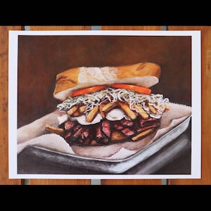 May include: A painting of a large sandwich with a white bun, tomato, shredded lettuce, french fries, and meat. The sandwich is on a silver tray with a white paper liner.