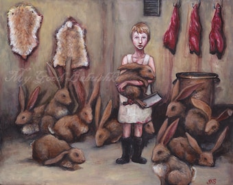 Hasenpfeffer Print, The Girl Butcher, Rabbitskin, Splitting Hares, Fairy Tale, Folk Tale, Bloody, Macabre, Surreal Art, Slaughter