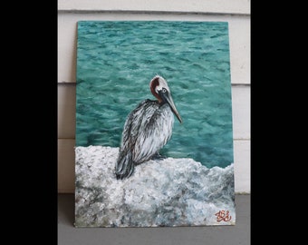 Pelican 9" x 12" Acrylic on Hardboard Panel, Bird, Tropical, Caribbean, Ocean, Seascape, Animal, Wildlife, Nature, Blue, Green, Aruba