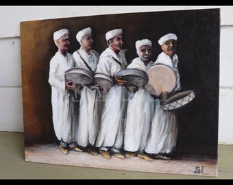 Berber Drummers, Original Painting, 9" x 12", Travel, Music, Morocco, Northern Africa, Brown, White, Black, Drums, Musicians, Portrait