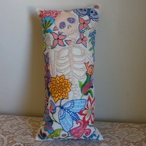 Skeleton Embroidery, Memento Mori, Day of the Dead, Jacobean Embroidered Pillow, Hand Embroidered Art. Macabre Art, Flowers and Insects image 1