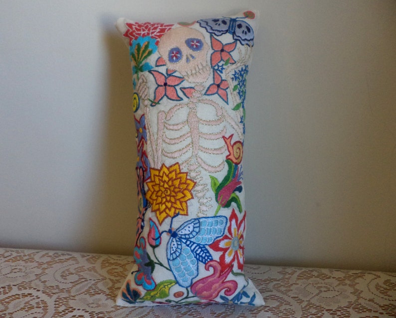 Skeleton Embroidery, Memento Mori, Day of the Dead, Jacobean Embroidered Pillow, Hand Embroidered Art. Macabre Art, Flowers and Insects image 1