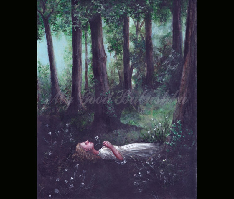 No One Was Ever So Happy, Original Painting, Forest, Fairy Tale, Folk Tale, Peace, Woods, Flowers, Resting, Lying in the Grass, Serenity image 1