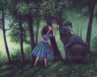 Whispering to the Black Rabbit Print, Gathering Blackberries, Dark Forest, Fairy Tale, Folk Tale, Blue Dress, Irish Folklore, Legend