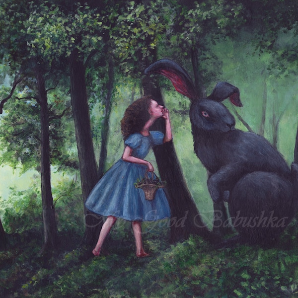 Whispering to the Black Rabbit Print, Gathering Blackberries, Dark Forest, Fairy Tale, Folk Tale, Blue Dress, Irish Folklore, Legend