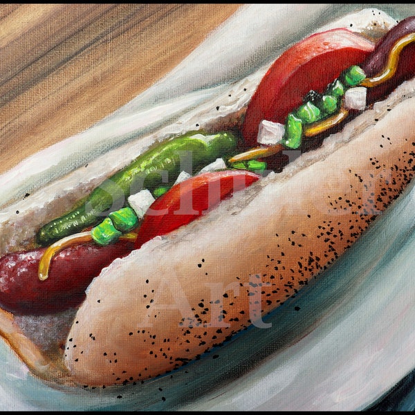Impression instantanée de hot-dog style Chicago, hot-dog, malbouffe, bricolage, fin gourmet, cuisine, restaurant, délicieux, délicieux, numérique