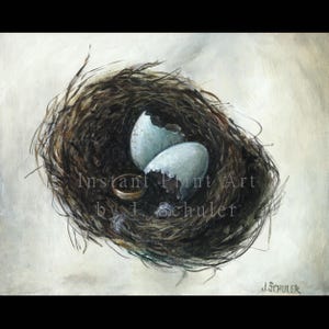 Puede incluir: Pintura artística de un nido de pájaro con dos huevos celeste claro, uno roto. El nido está hecho de ramitas y plumas marrones. El texto "Instant Print Art by J. Schuler" es visible.