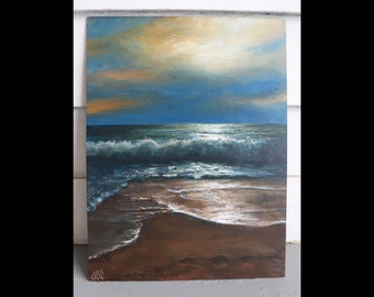 Late Sunset at the Beach, 9" x 12" acrylic on hardboard panel, Ocean, Caribbean, Seascape, Waves, Summer Vibes, Vacation, Aruba, Tropical