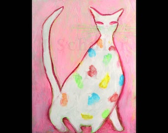 The Jelly Bean Cat, Original Acrylic Impasto Painting, Animal, Kitten, Colorful, Pink, Polka Dots, Retro, Bright, Abstract, Cheerful