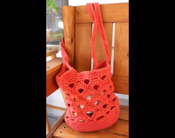 Hand-Crocheted Coral Shoulder Bag, Coral, Rosy Peach, Tote Bag, Shoulder Bag, Beach Bag, Machine Washable, Handwoven