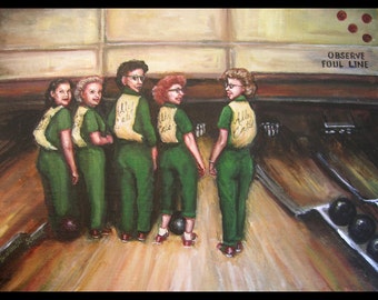 Alley Cats Original Painting, 1950s Women, Bowling League, Green Shirts, Bowling Night, Vintage, Retro,  Sports Themed, Nostalgia