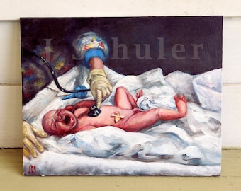 The New Baby, Original Painting, 8" x 10" Acrylic on Hardboard Panel, Baby, Infant, Newborn, Child, Birth, Motherhood, Portrait