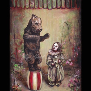 The Trained Bear, Print, Bear Costume, Mask, Circus, Clown, Child, Surreal, Fairy Tale, Folk Tale, Animal, Performer, Sideshow, Pierrot