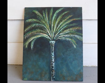 Palm Tree Illuminated 8" x 10" Original Painting, Acrylic on Hardboard Panel, Night, Tree, Aruba, Vacation, Tropical, Caribbean, Green, Blue