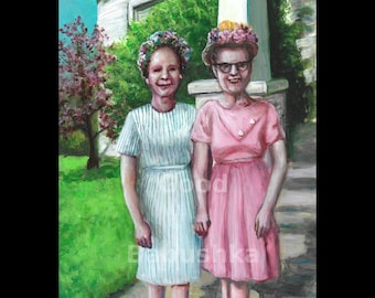 Two Women in Spring Hats. Original Painting, Easter Hats, Flowers, Portrait, Friends, Spring Dresses, Old Ladies, Nostalgia, 1950s, 1960s