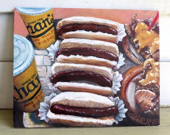 Nathan's Famous Hot Dogs Still Life, Original Painting, 8" x 10", Food, Foodie, Kitchen, Cooking, Gourmet, New York, Food Lover