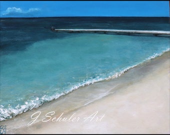 The Dock, 8" x 10" Original painting, Acrylic on Canvas Board, Ocean, Seascape, Beach, Caribbean, Vacation, Blue, Green, Blue Sky, Seashore