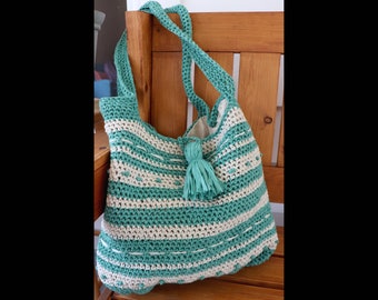 Caribbean Green and Cream Shoulder Bag, Crochet, Hand-Woven, Lined, Boho, Tassel, Beach Bag, Striped, Blue-Green, Ivory, Off-White, Purse