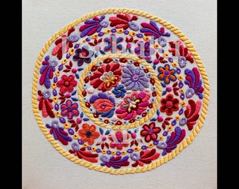 Floral Bullseye Embroidery on Stretched Canvas, Hand Embroidery, Red,Yellow, Orange, Pink, Purple, Textile Art, Needlework