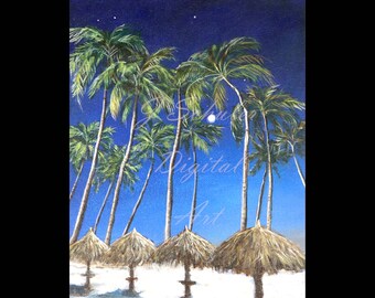 Palm Trees in Aruba at Night. Instant Print Art, Beach, Ocean, Moon, Stars, Caribbean, Palapas, Vacation, JPGs, Download