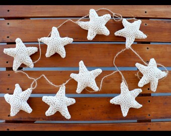 Ivory Star Garland, Starfish, Twine, Coastal, Decoration, Cotton, Stuffed, Ornament, Crochet, Cream, Off White