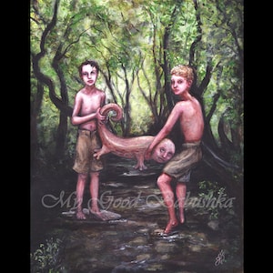 May include: Two boys in a woodland setting, one holding a pink, fleshy creature with a human-like face. The creature is curled up and has a tail. The boys are wearing shorts and are barefoot. The background is a lush green forest.