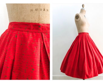 Vintage 50s 1950s Telephone Wire Red Cotton Print Full Skirt