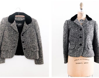 Vintage 50s 1950s Black and White Wool Tweed Cropped Riding Jacket with Velvet Collar