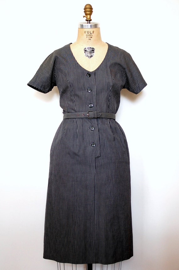 Vintage 50s 1950s Grey Cotton Pinstripe Day Dress… - image 2