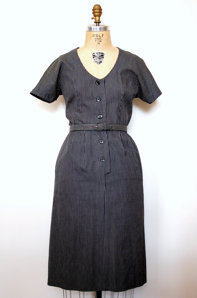 Vintage 50s 1950s Grey Cotton Pinstripe Day Dress with Belt image 2