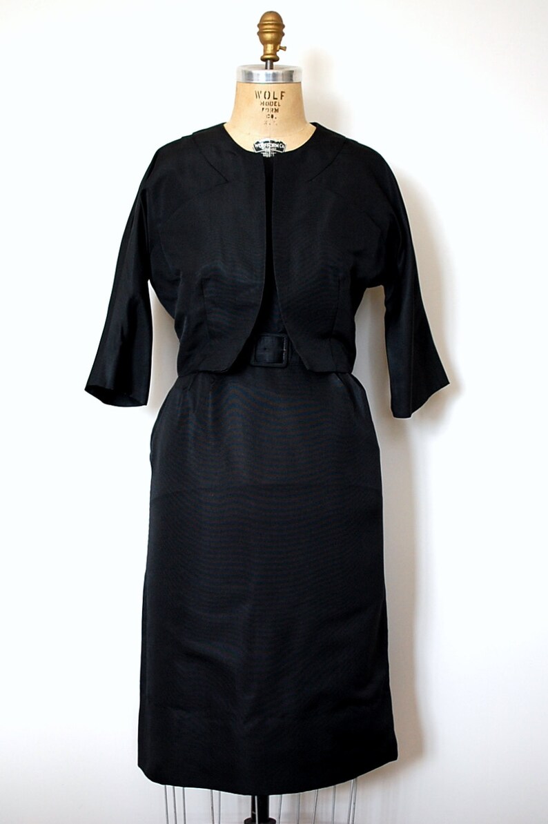 Vintage 50s 1950s RK Originals Black Silk Faille Belted Cocktail Dress and Jacket Set image 4