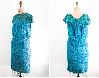 Vintage 60s 1960s Abe Schrader Turquoise Blue Abstract Silk Print Cocktail Party Dress / 1960s cocktail dress / 60s dress / Abe Schrader