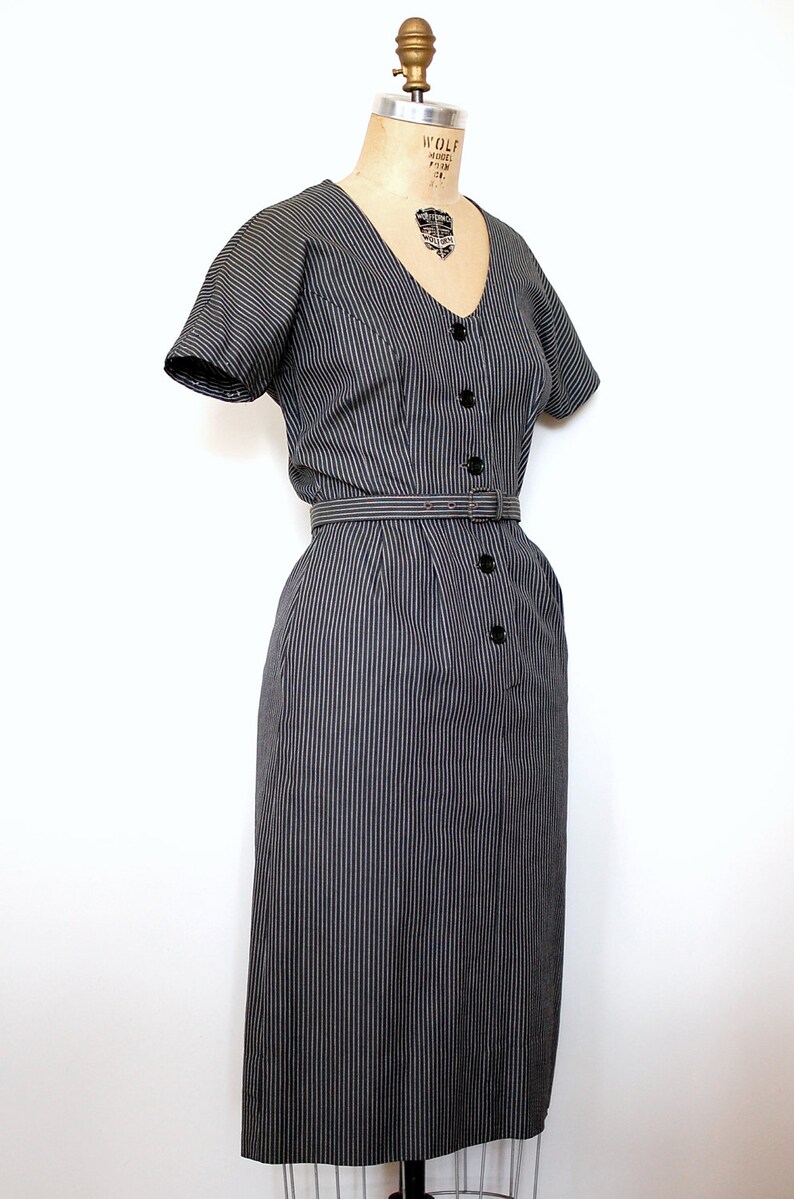 Vintage 50s 1950s Grey Cotton Pinstripe Day Dress with Belt image 4