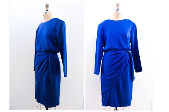 Vintage 80s Long Sleeve Draped Blue Silk Dress / v