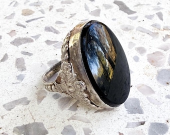 Vintage Antique 1920s 20s Sterling Silver Onyx Floral Statement Cocktail Ring, Size 8