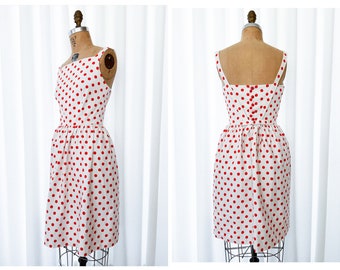 Vintage 60s 1960s Lanz Cotton Red Orange White Polka Dot Print Summer Sundress Fit and Flare Dress with Button Back XS/S